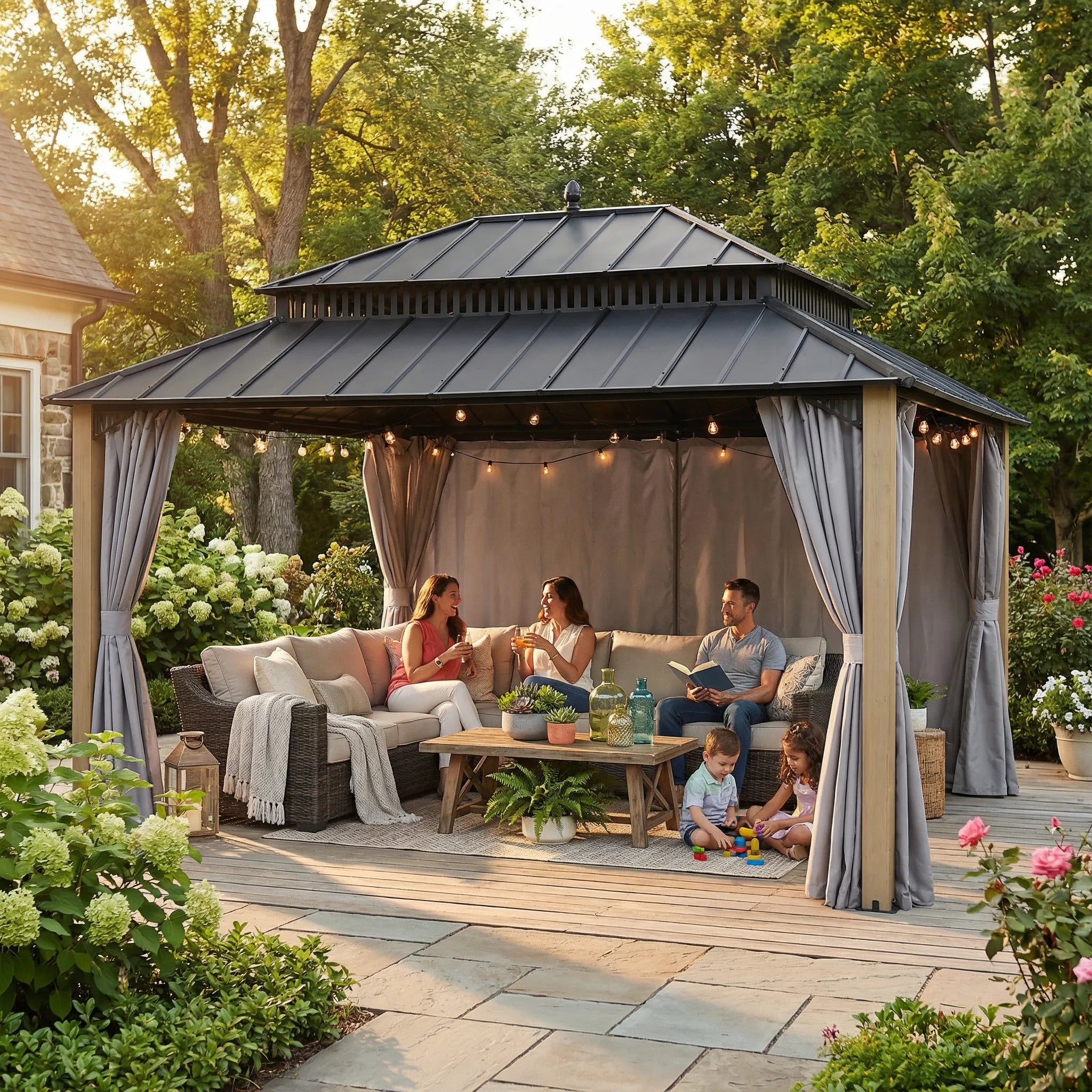 SUNJOY Kingston 12x16 Gazebo with Netting & Curtain | Steel Roof with Extra-Tall & Oversized Vent Top - Cedar Wood Posts