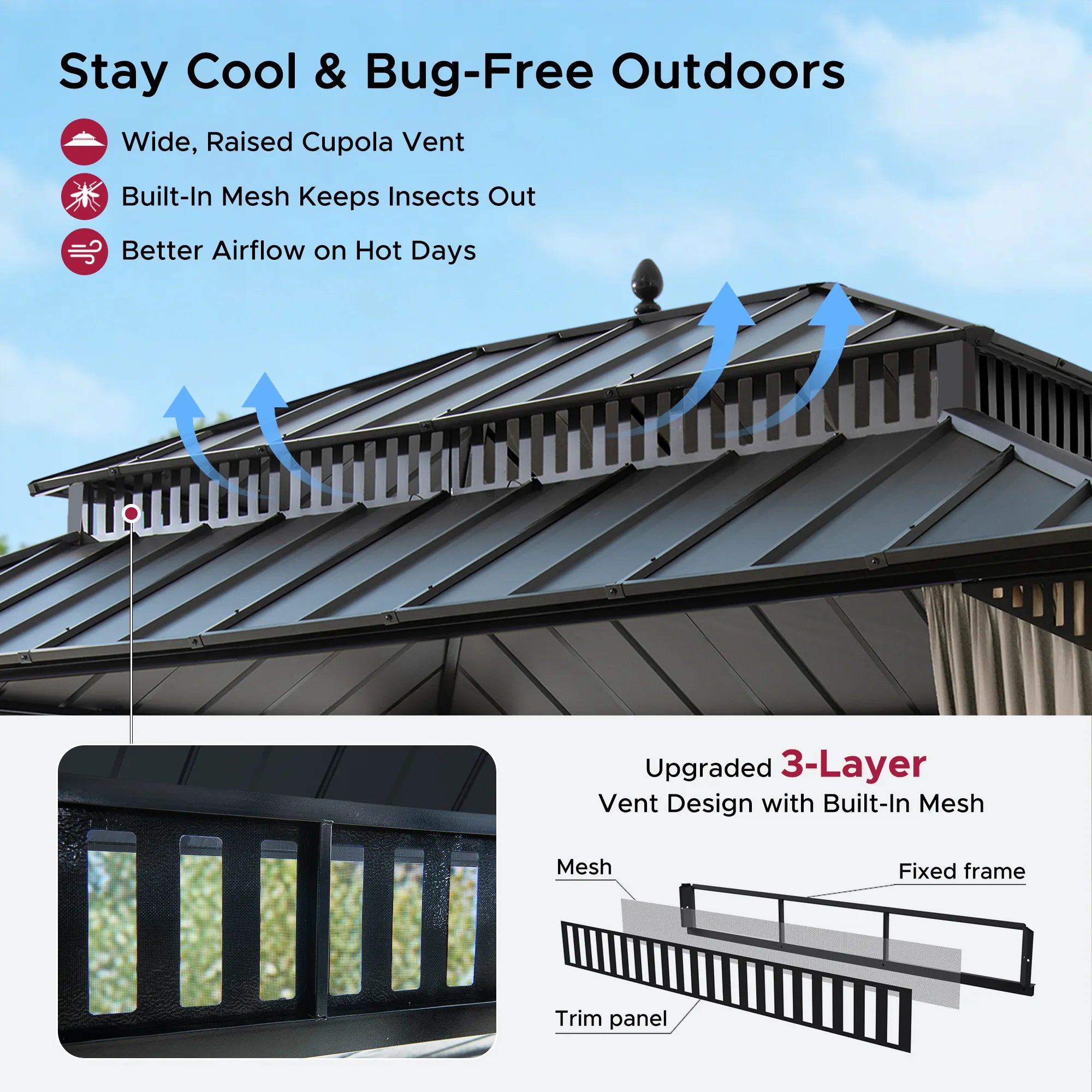 SUNJOY Kingston 12x16 Gazebo with Netting & Curtain | Steel Roof with Extra-Tall & Oversized Vent Top - Wood Posts