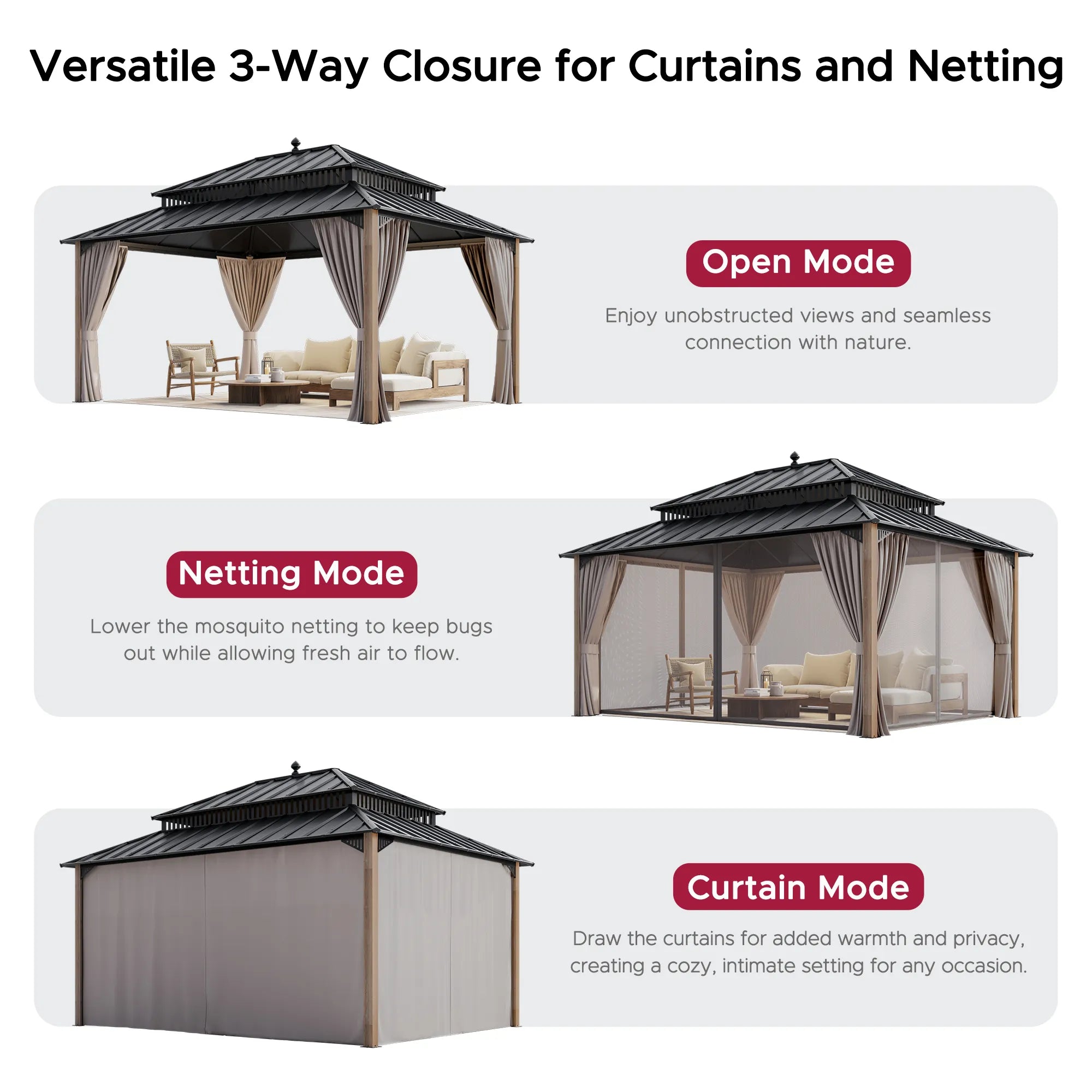 SUNJOY Kingston 12x16 Gazebo with Netting & Curtain | Steel Roof with Extra-Tall & Oversized Vent Top - Wood Posts