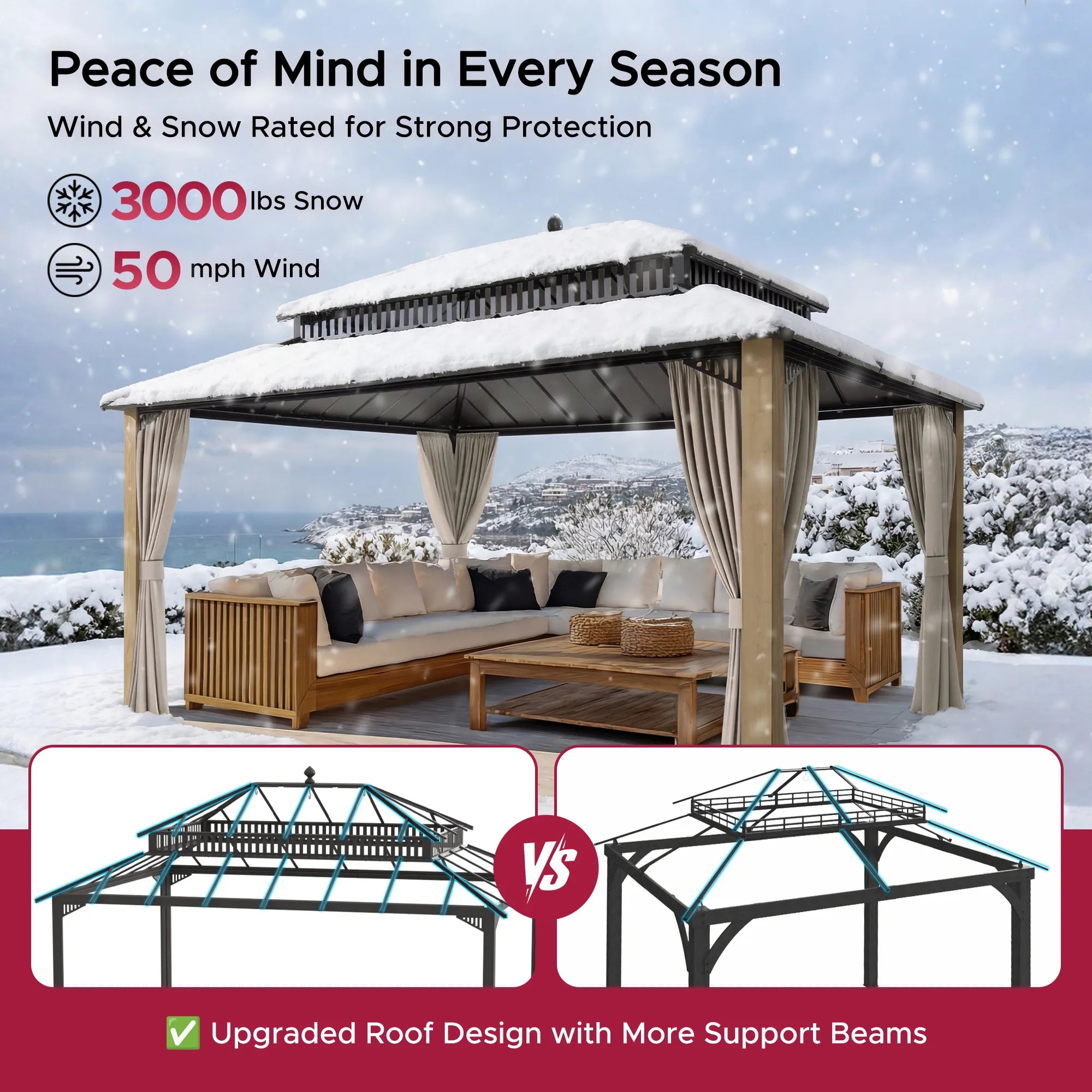 SUNJOY Kingston 12x16 Gazebo with Netting & Curtain | Steel Roof with Extra-Tall & Oversized Vent Top - Wood Posts
