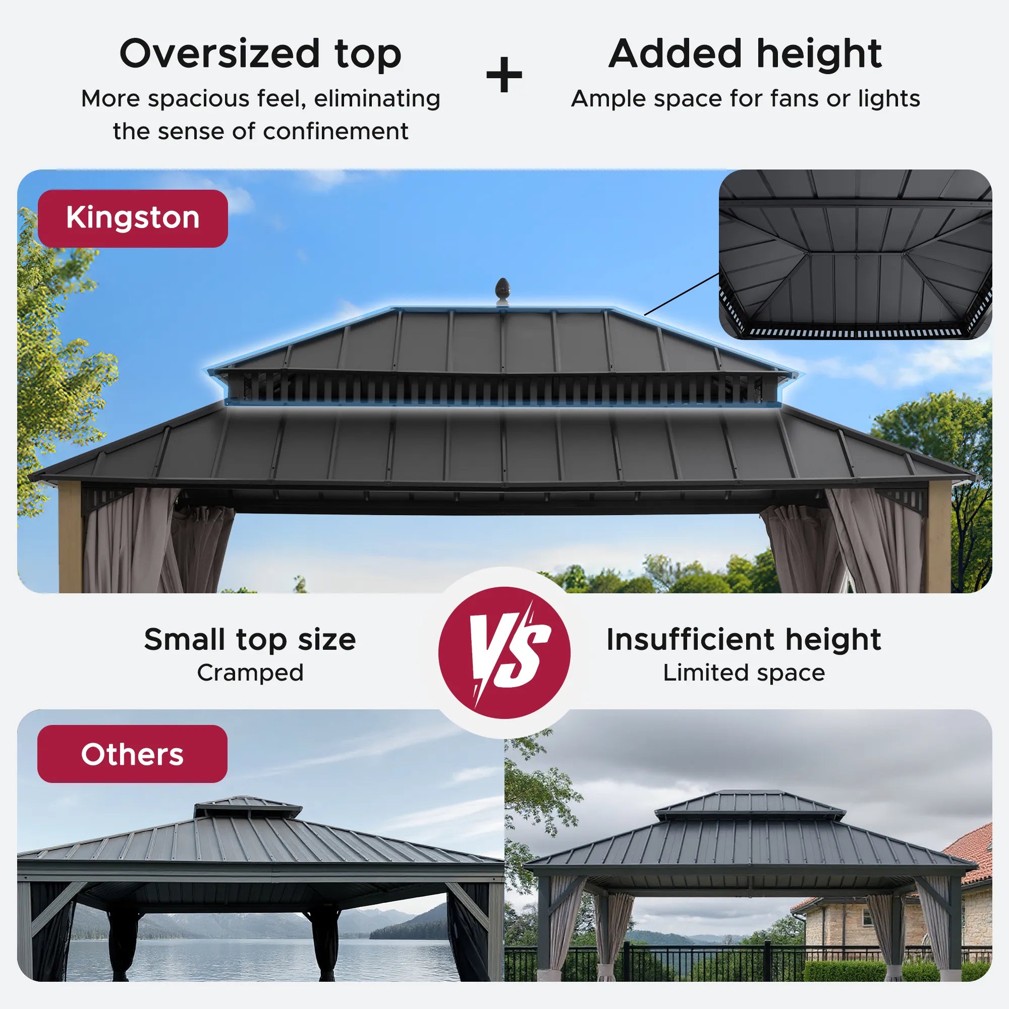 SUNJOY Kingston 12x16 Gazebo with Netting & Curtain | Steel Roof with Extra-Tall & Oversized Vent Top - Wood Posts