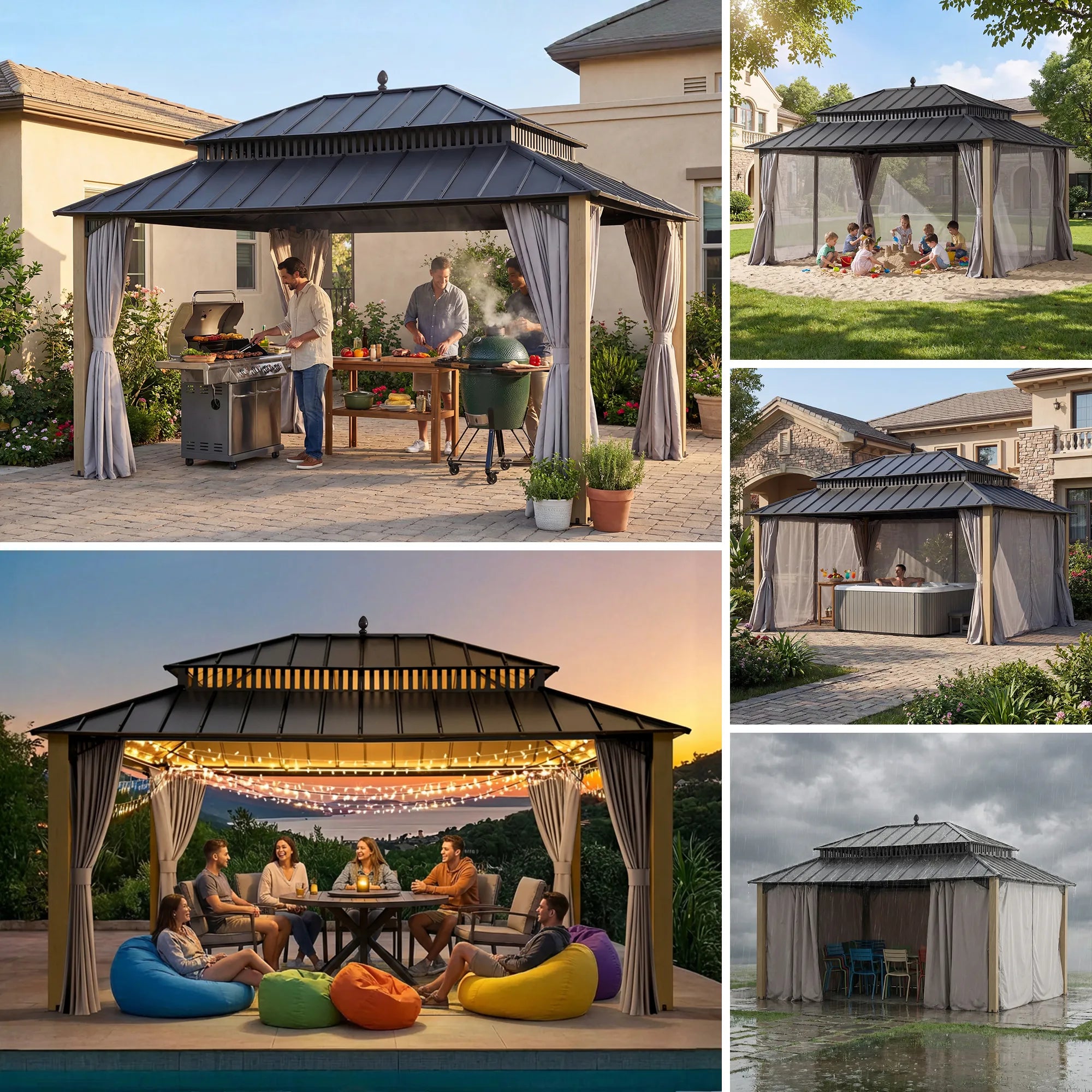 SUNJOY Kingston 12x16 Gazebo with Netting & Curtain | Steel Roof with Extra-Tall & Oversized Vent Top - Wood Posts