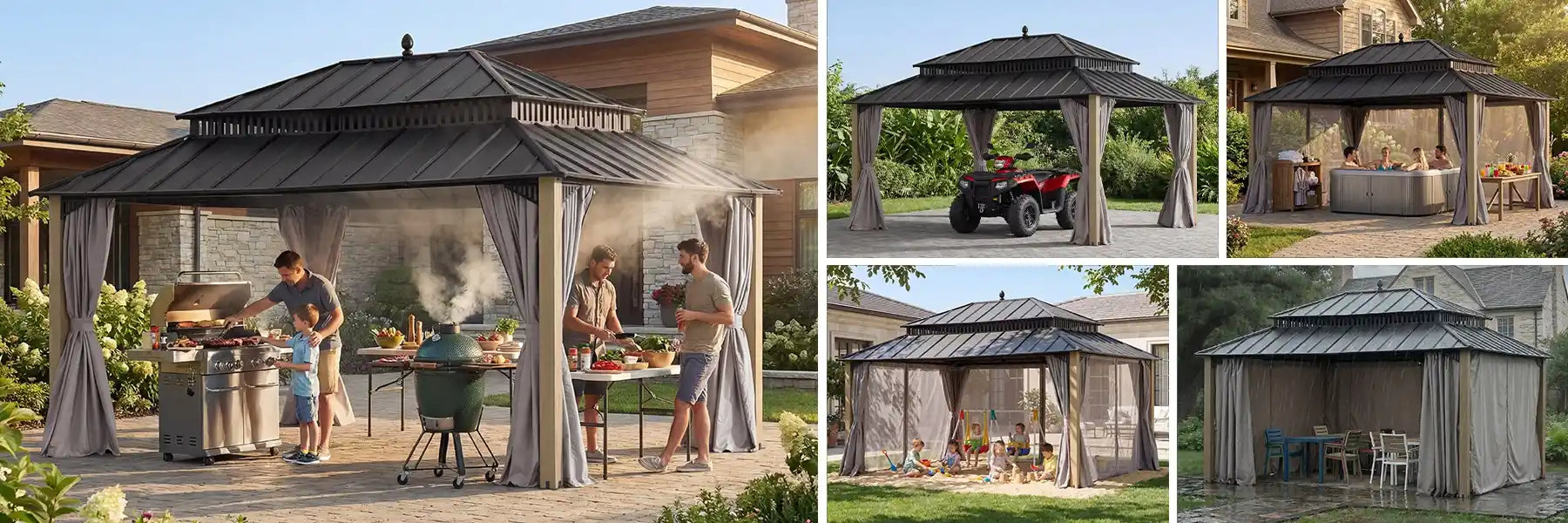 SUNJOY Kingston 12x16 Gazebo with Netting & Curtain | Steel Roof with Extra-Tall & Oversized Vent Top - Wood Posts