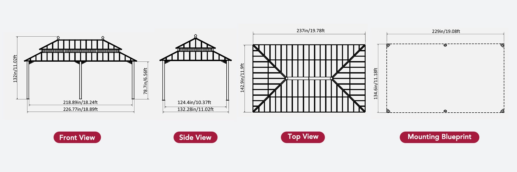 SUNJOY Kingston 12x20 Gazebo with Netting & Curtain | Steel Roof - Woodgrain Aluminum Posts