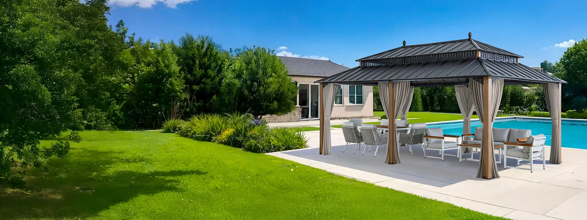 SUNJOY Kingston 12x20 Gazebo with Netting & Curtain | Steel Roof - Woodgrain Aluminum Posts