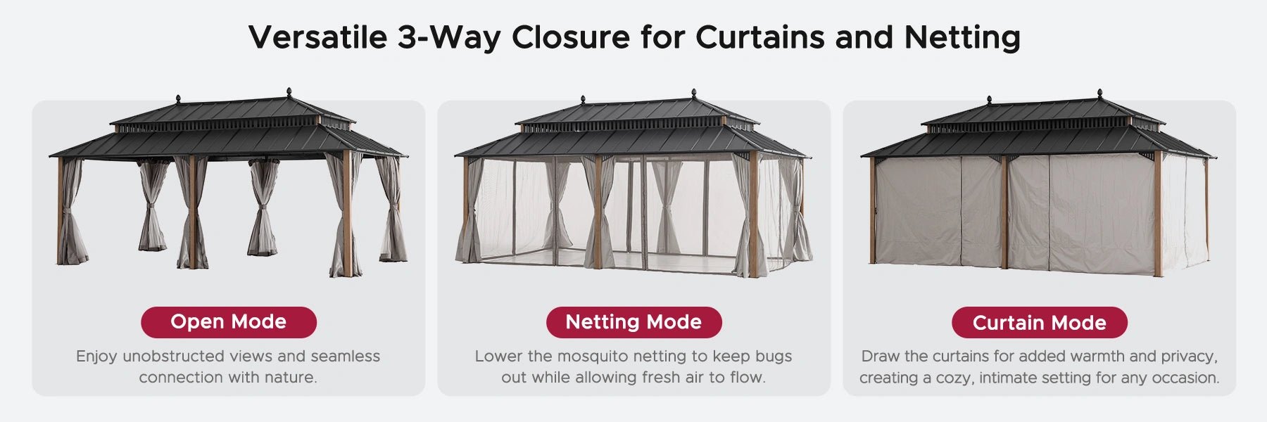 SUNJOY Kingston 12x20 Gazebo with Netting & Curtain | Steel Roof - Woodgrain Aluminum Posts