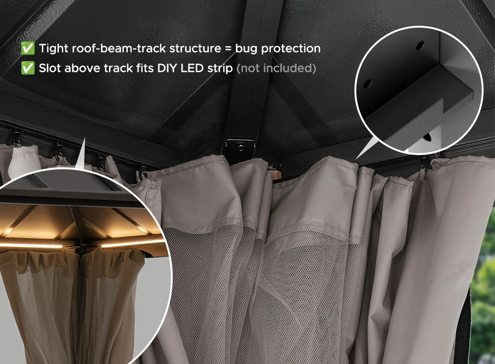 SUNJOY Kingston 12x20 Gazebo with Netting & Curtain | Steel Roof - Woodgrain Aluminum Posts