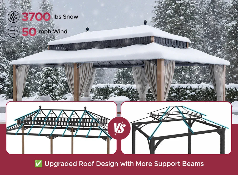 SUNJOY Kingston 12x20 Gazebo with Netting & Curtain | Steel Roof - Woodgrain Aluminum Posts