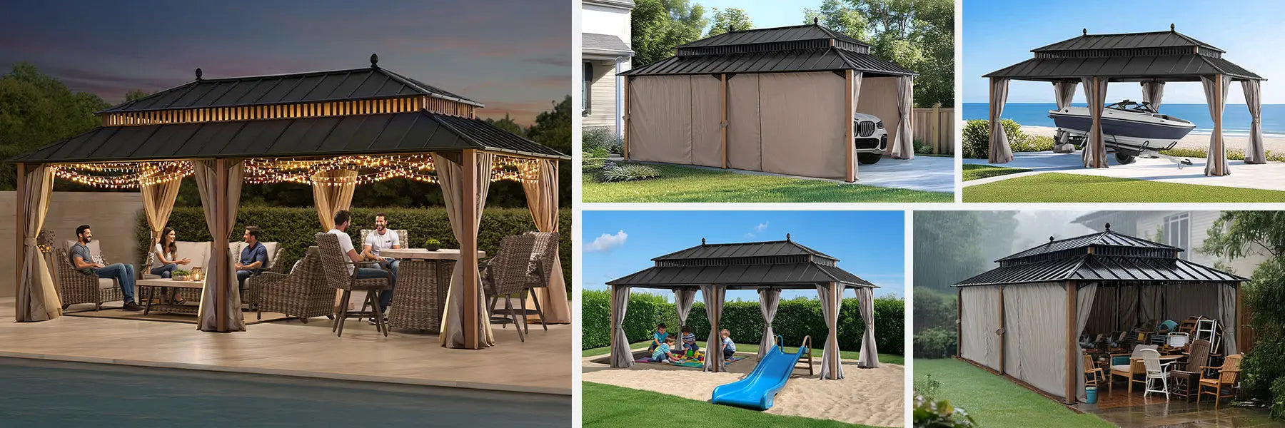SUNJOY Kingston 12x20 Gazebo with Netting & Curtain | Steel Roof - Woodgrain Aluminum Posts