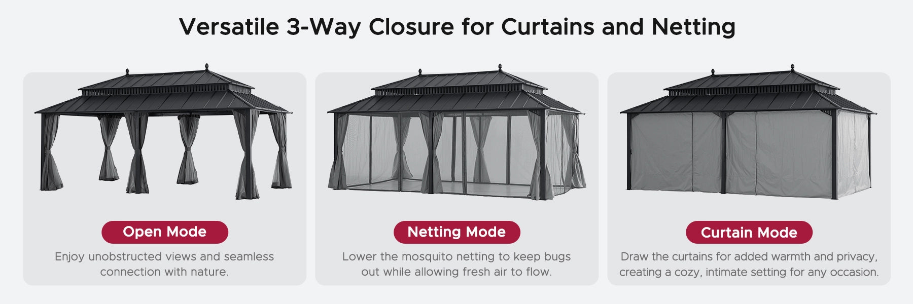SUNJOY Kingston 12x20 Gazebo with Netting & Curtain | Steel Roof - Gray Aluminum Posts