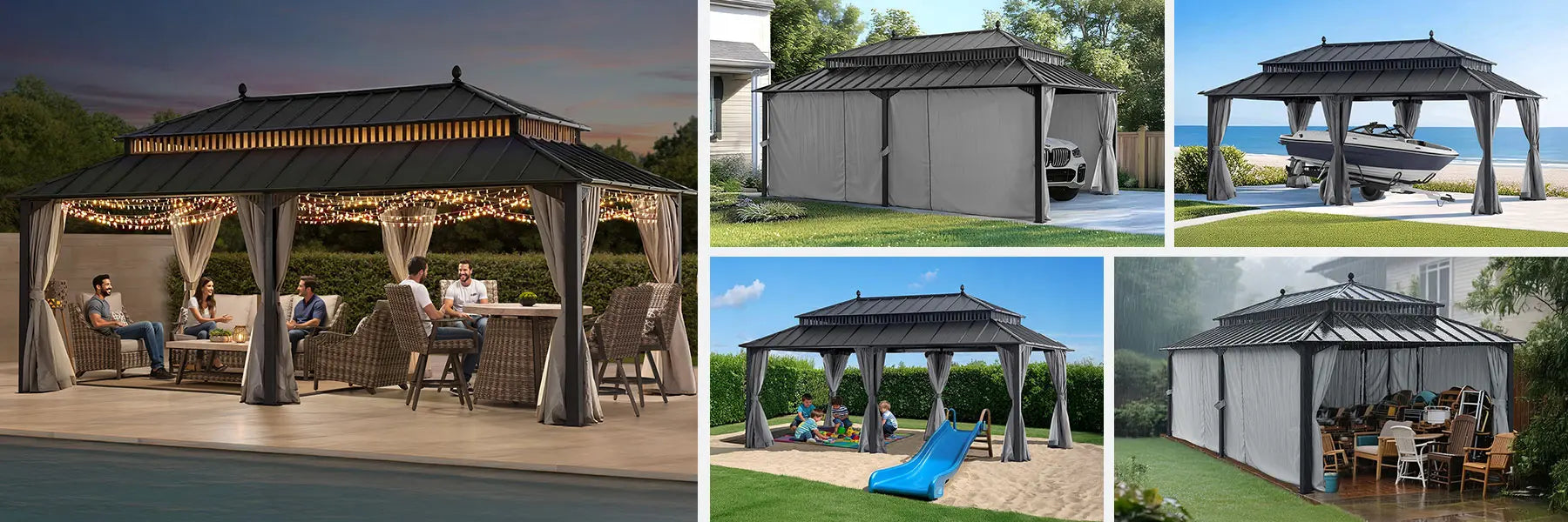 SUNJOY Kingston 12x20 Gazebo with Netting & Curtain | Steel Roof - Gray Aluminum Posts