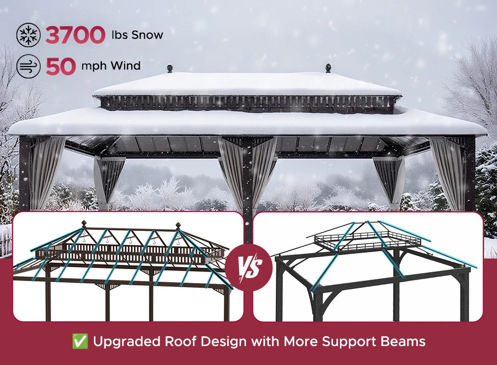 SUNJOY Kingston 12x20 Gazebo with Netting & Curtain | Steel Roof - Brown Aluminum Posts