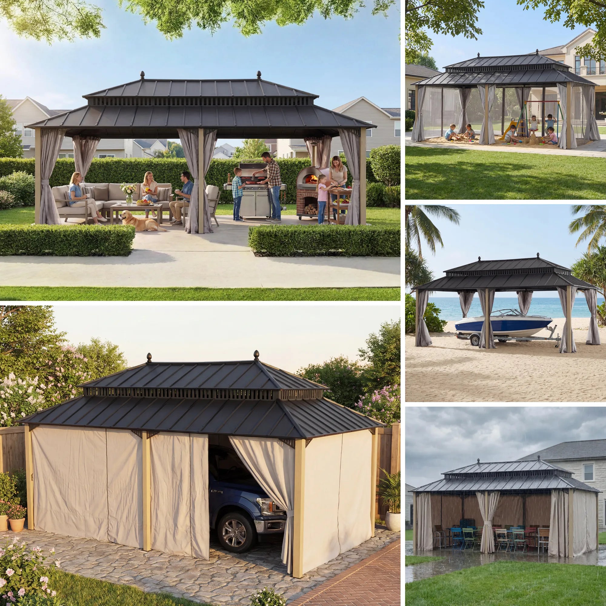 SUNJOY Kingston 12x20 Gazebo with Netting & Curtain | Steel Roof with Extra-Tall & Oversized Vent Top - Cedar Wood Posts