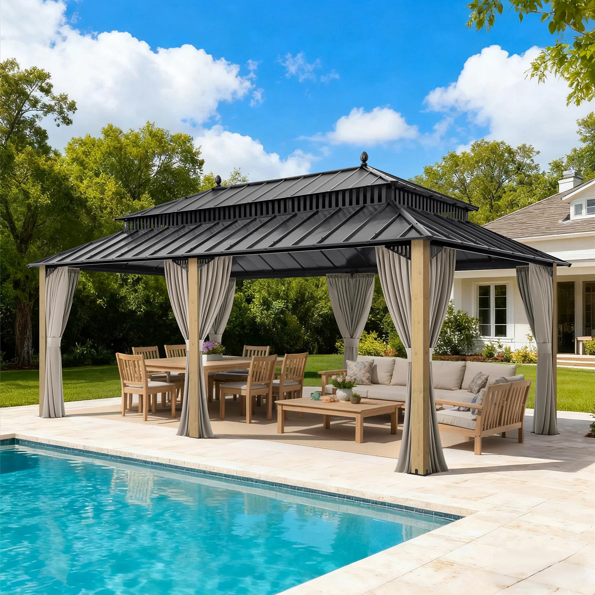 Kingston 12x20 Gazebo with Wood Posts, Netting & Curtains | SUNJOY