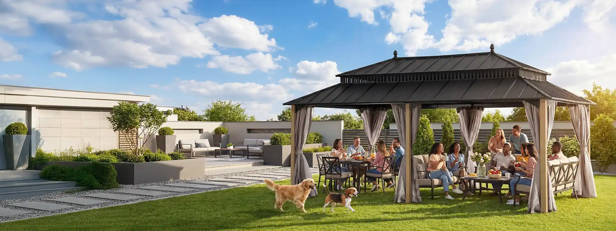 SUNJOY Kingston 12x20 Gazebo with Netting & Curtain | Steel Roof with Extra-Tall & Oversized Vent Top - Wood Posts