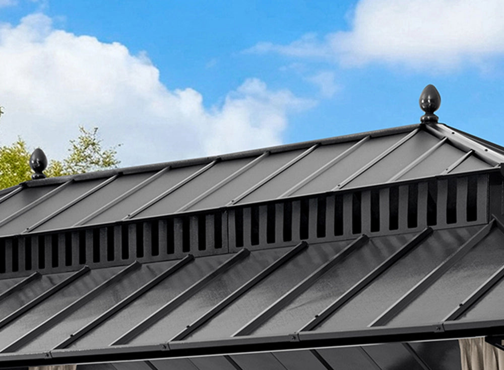 SUNJOY Kingston 12x20 Gazebo with Netting & Curtain | Steel Roof with Extra-Tall & Oversized Vent Top - Wood Posts