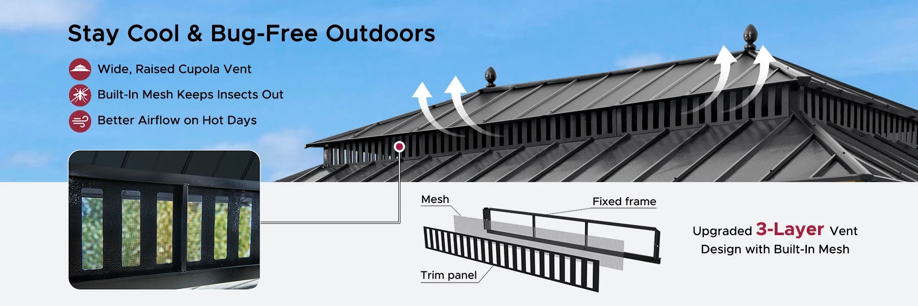 SUNJOY Kingston 12x20 Gazebo with Netting & Curtain | Steel Roof with Extra-Tall & Oversized Vent Top - Wood Posts