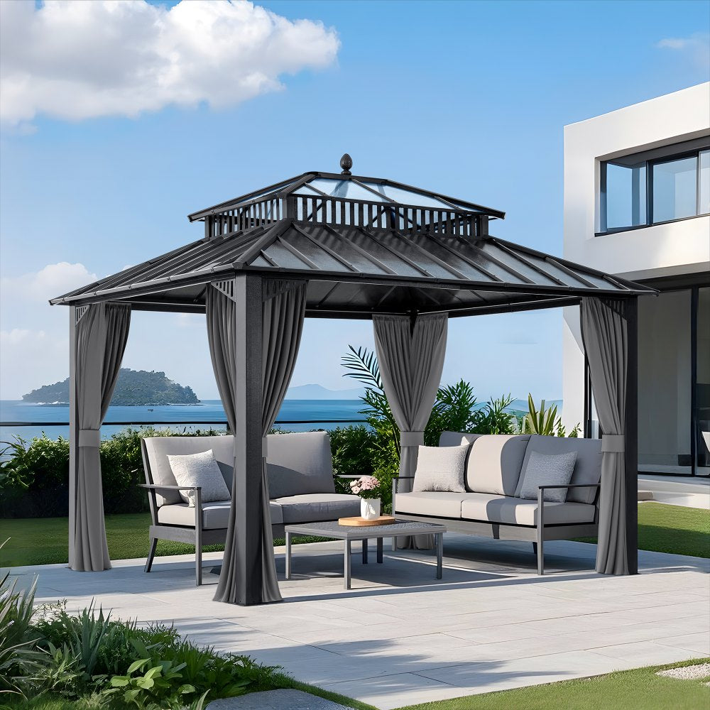 SUNJOY Kingston 12x10 Gazebo with Netting & Curtain | Steel & PC Roof - Gray Aluminum Posts