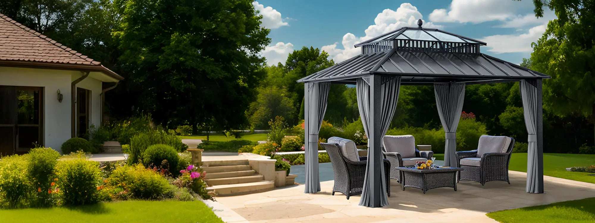 SUNJOY Kingston 12x10 Gazebo with Netting & Curtain | Steel Roof with Extra-Tall & Oversized PC Vent Top - Gray Aluminum Posts