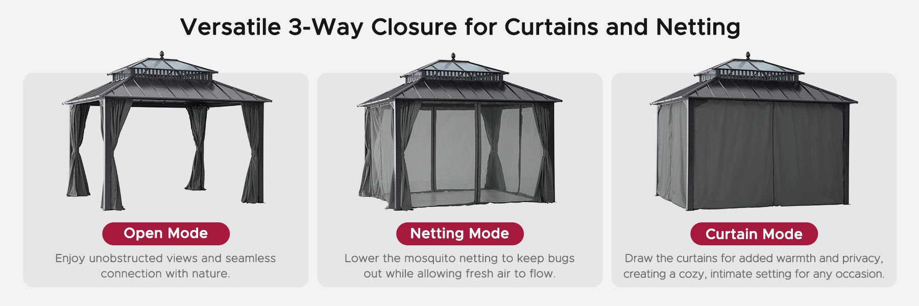 SUNJOY Kingston 12x10 Gazebo with Netting & Curtain | Steel Roof with Extra-Tall & Oversized PC Vent Top - Gray Aluminum Posts