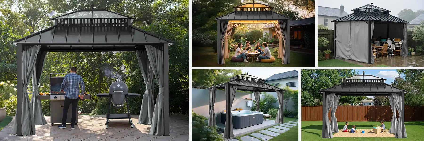 SUNJOY Kingston 12x10 Gazebo with Netting & Curtain | Steel Roof with Extra-Tall & Oversized PC Vent Top - Gray Aluminum Posts