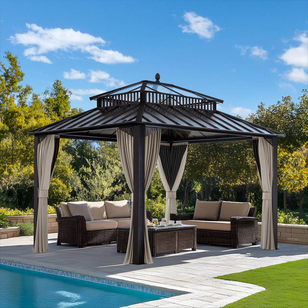 SUNJOY Kingston 12x10 Gazebo with Netting & Curtain | Steel & PC Roof - Brown Aluminum Posts
