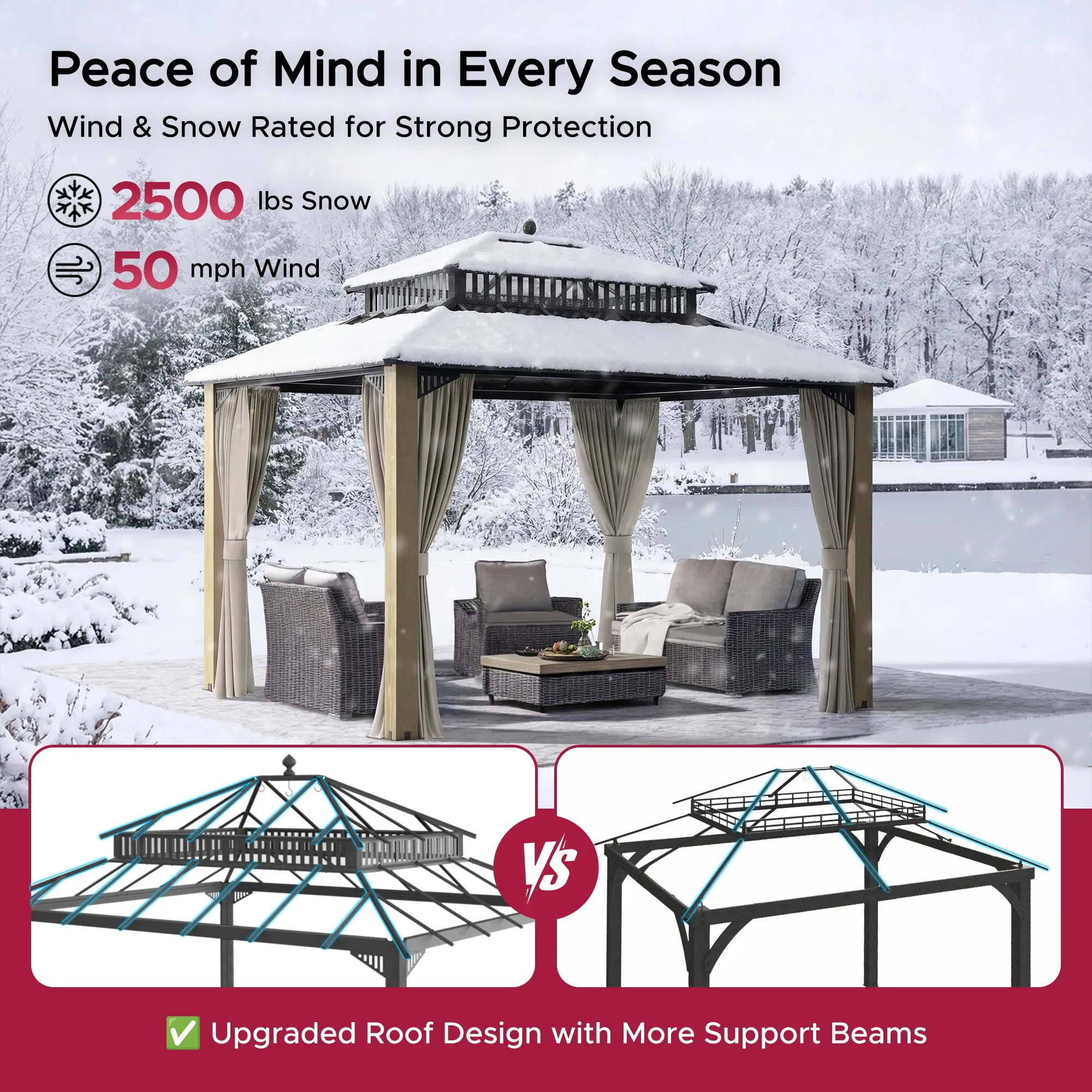 SUNJOY Kingston 12x10 Gazebo with Netting & Curtain | Steel Roof with Extra-Tall & Oversized PC Vent Top - Cedar Wood Posts 