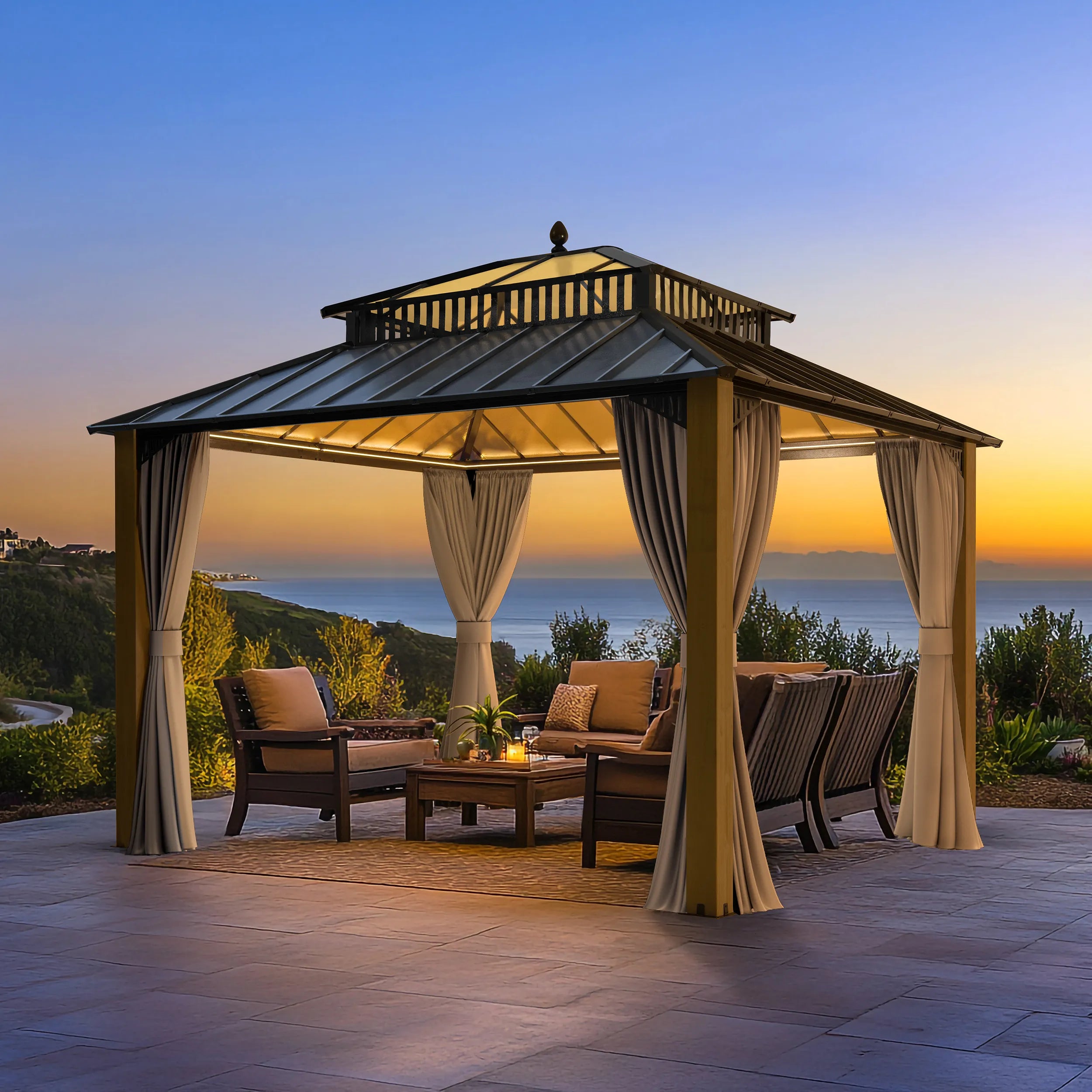 SUNJOY Kingston 12x10 Gazebo with Netting & Curtain | Steel Roof with Extra-Tall & Oversized PC Vent Top - Cedar Wood Posts 