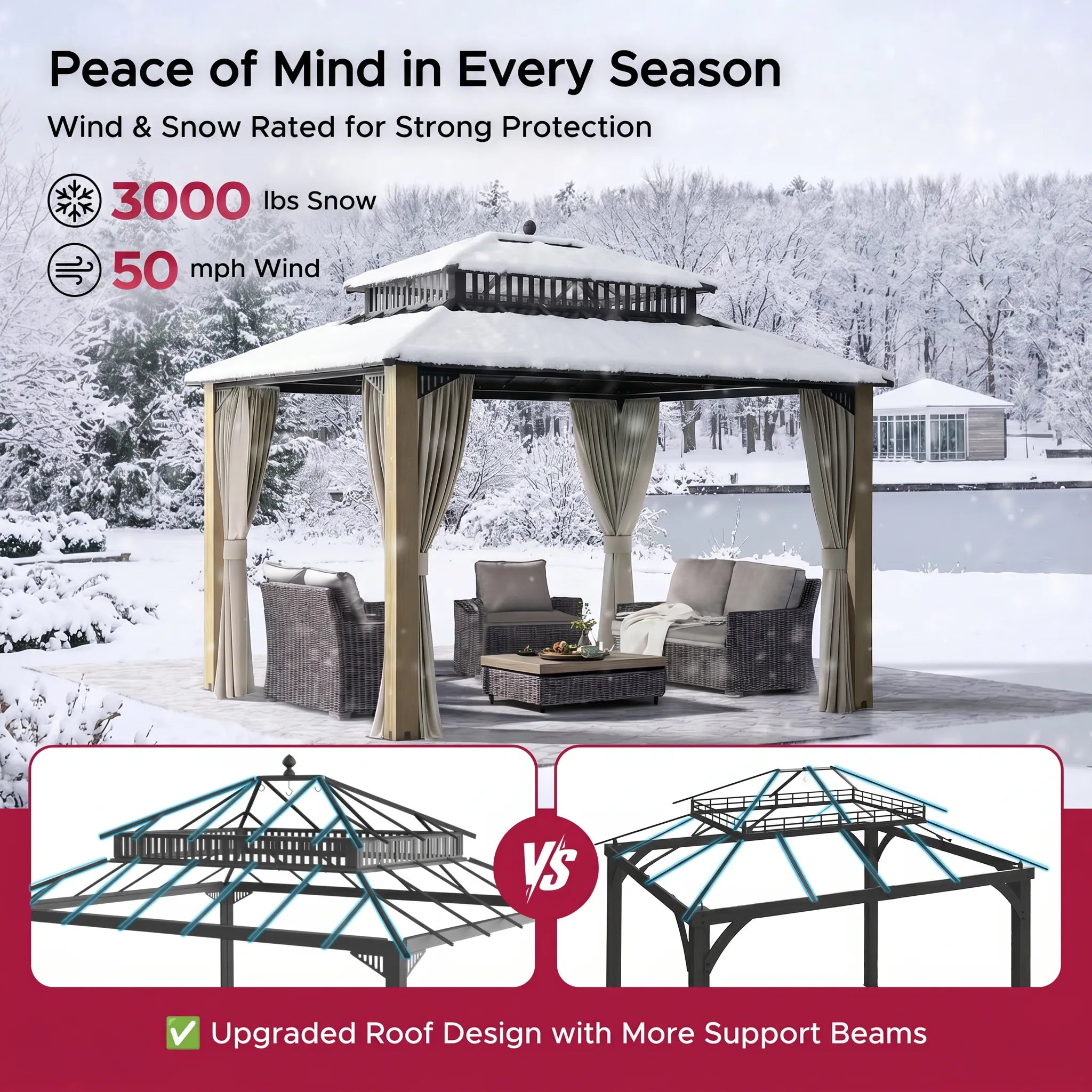 SUNJOY Kingston 12x10 Gazebo with Netting & Curtain | Steel Roof with Extra-Tall & Oversized PC Vent Top - Cedar Wood Posts