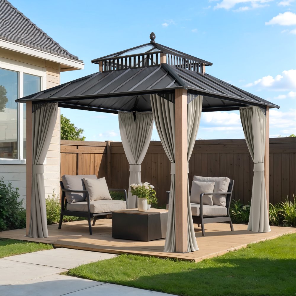 SUNJOY Kingston 10x10 Gazebo with Netting & Curtain | Steel & PC Roof - Woodgrain Aluminum Posts