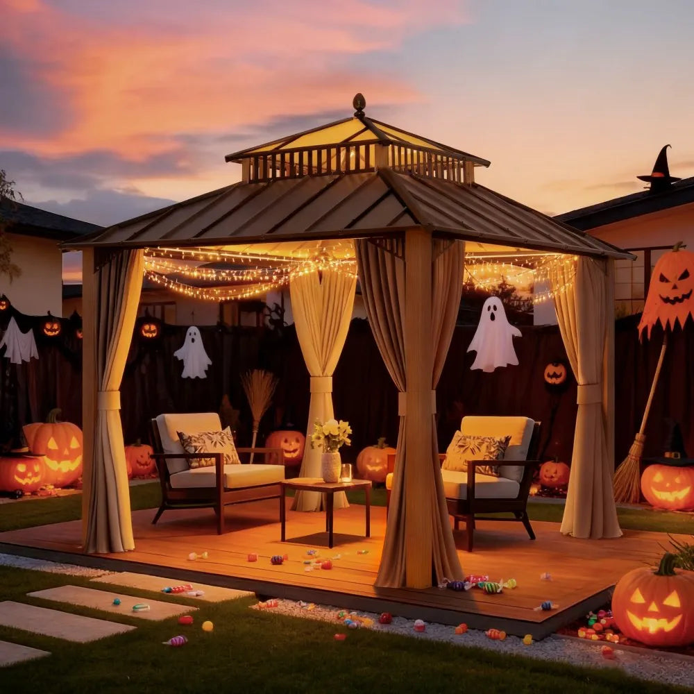Gazebo decorated for Halloween with pumpkins, ghosts, and string lights at sunset.