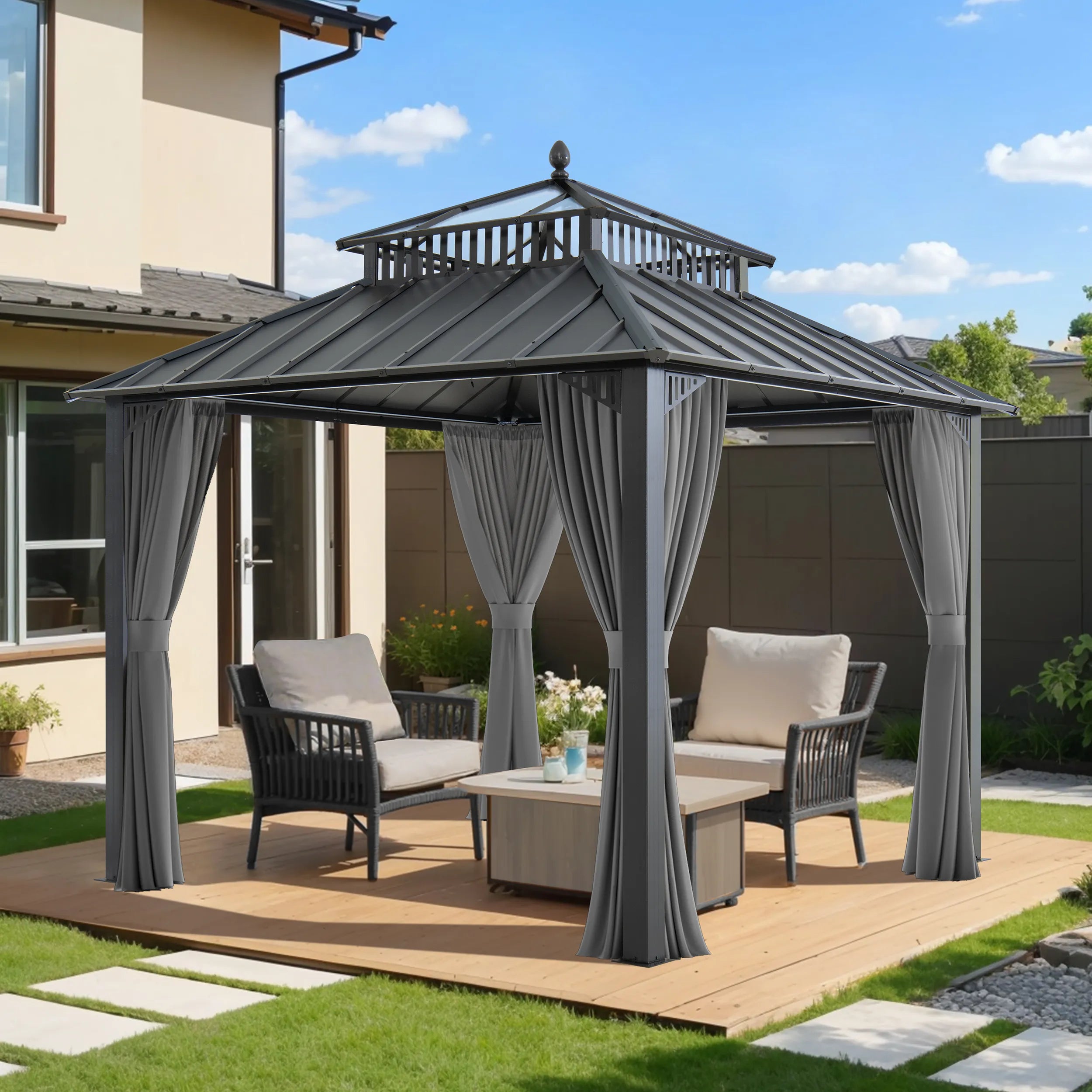 SUNJOY Kingston 10x10 Gazebo with Netting & Curtain | Steel Roof with Extra-Tall & Oversized PC Vent Top - Gray Aluminum Posts