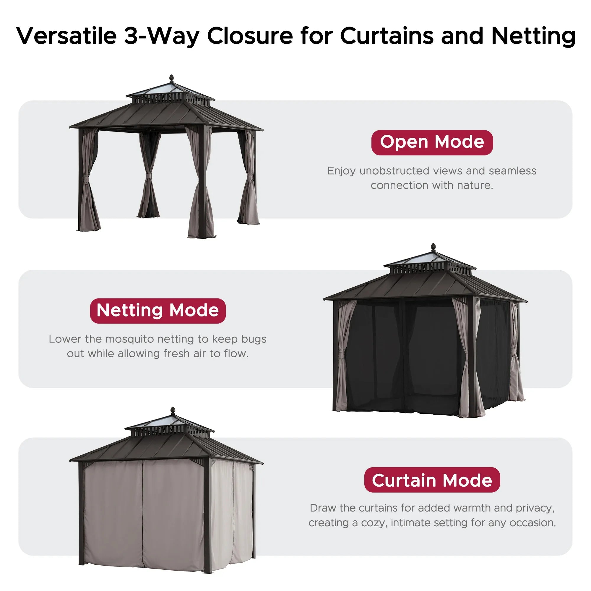 SUNJOY Kingston 10x10 Gazebo with Netting & Curtain | Steel Roof with Extra-Tall & Oversized PC Vent Top - Brown Aluminum Posts 