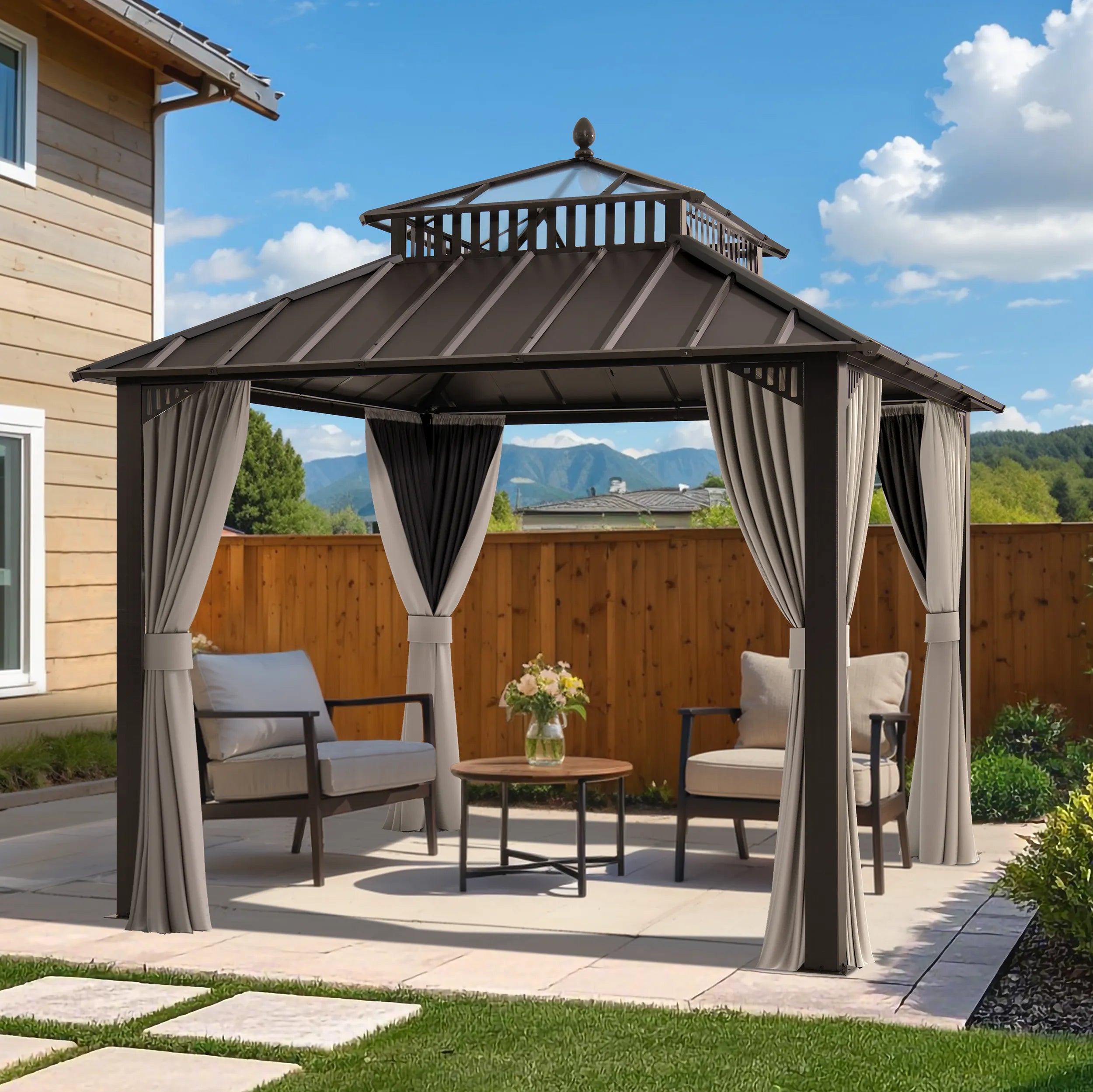 SUNJOY Kingston 10x10 Gazebo with Netting & Curtain | Steel Roof with Extra-Tall & Oversized PC Vent Top - Brown Aluminum Posts