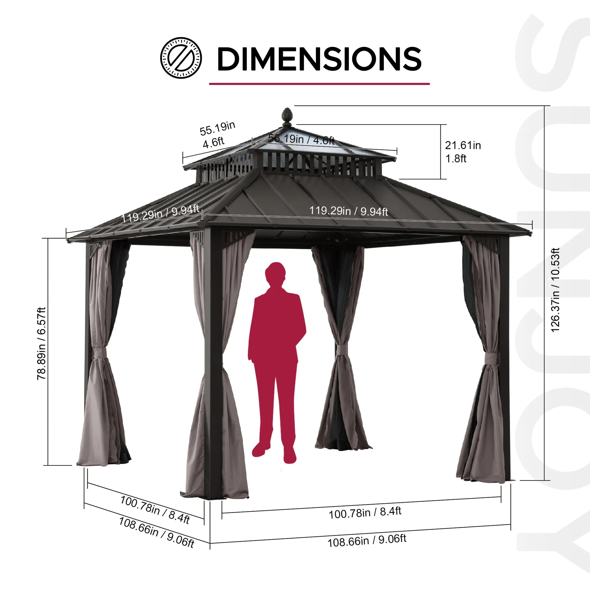 SUNJOY Kingston 10x10 Gazebo with Netting & Curtain | Steel Roof with Extra-Tall & Oversized PC Vent Top - Brown Aluminum Posts