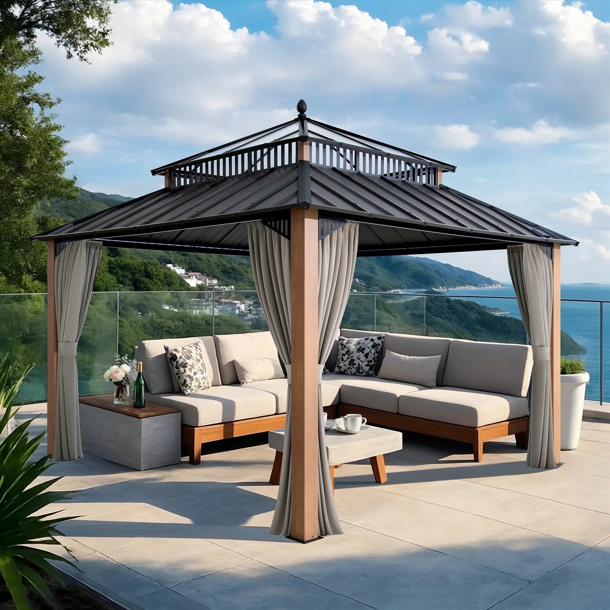 SUNJOY Kingston 12x12 Gazebo with Netting & Curtain | Steel & PC Roof - Woodgrain Aluminum Posts