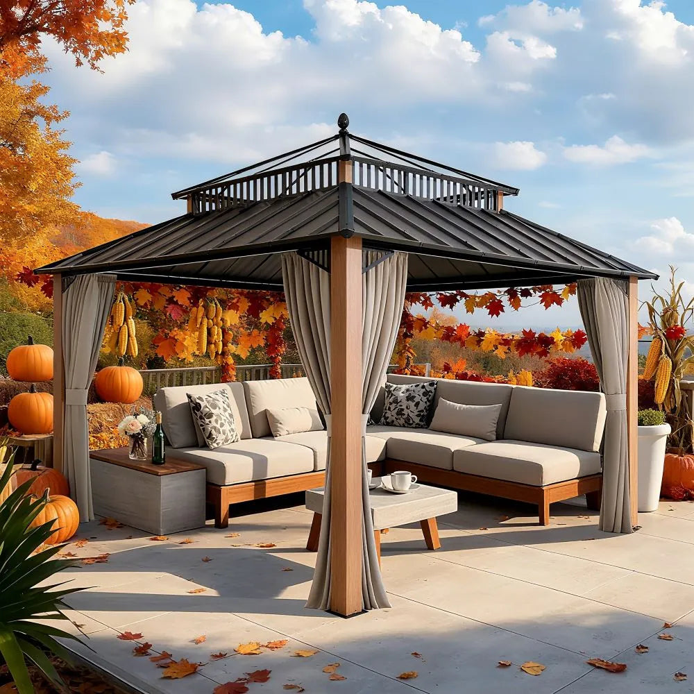 Outdoor patio with a gazebo, sofa set, and autumn decorations.