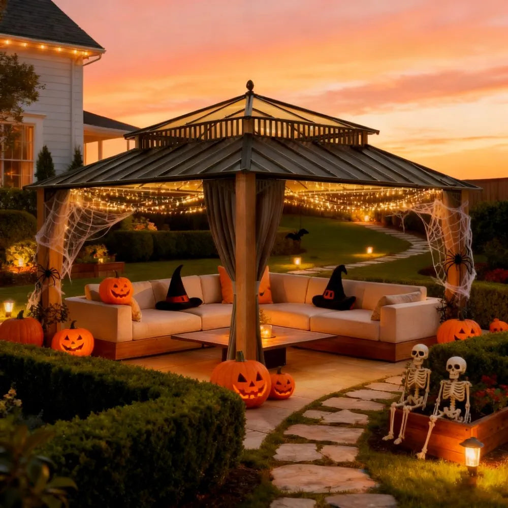 Halloween-themed outdoor setting with pumpkins, skeletons, and a gazebo at sunset.