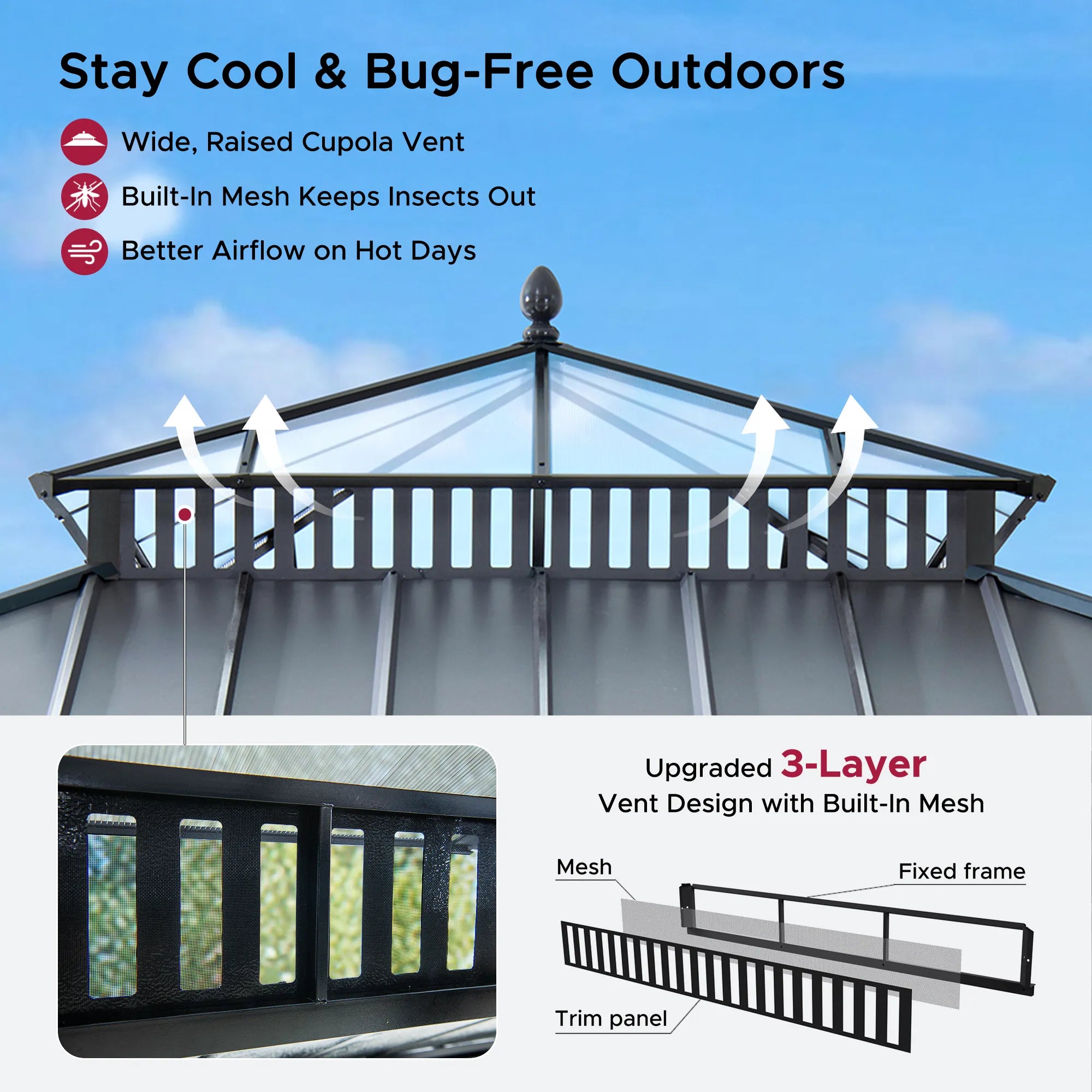 SUNJOY Kingston 12x12 Gazebo with Netting & Curtain | Steel Roof with Extra-Tall & Oversized PC Vent Top - Gray Aluminum Posts 