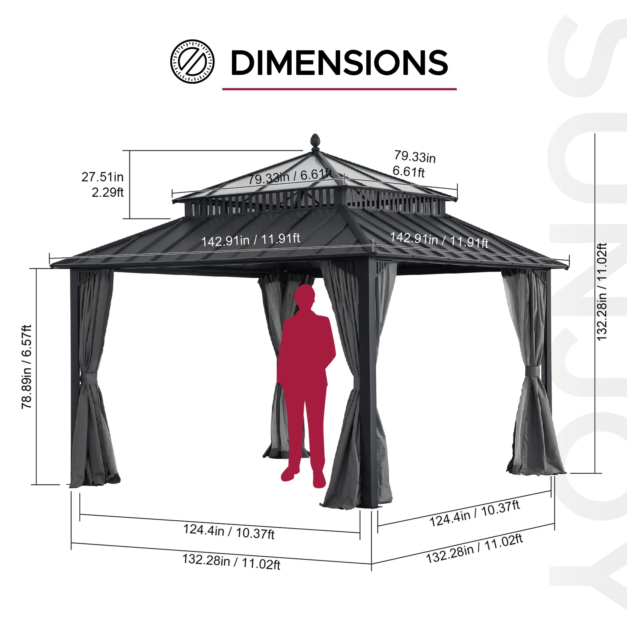 SUNJOY Kingston 12x12 Gazebo with Netting & Curtain | Steel Roof with Extra-Tall & Oversized PC Vent Top - Gray Aluminum Posts 
