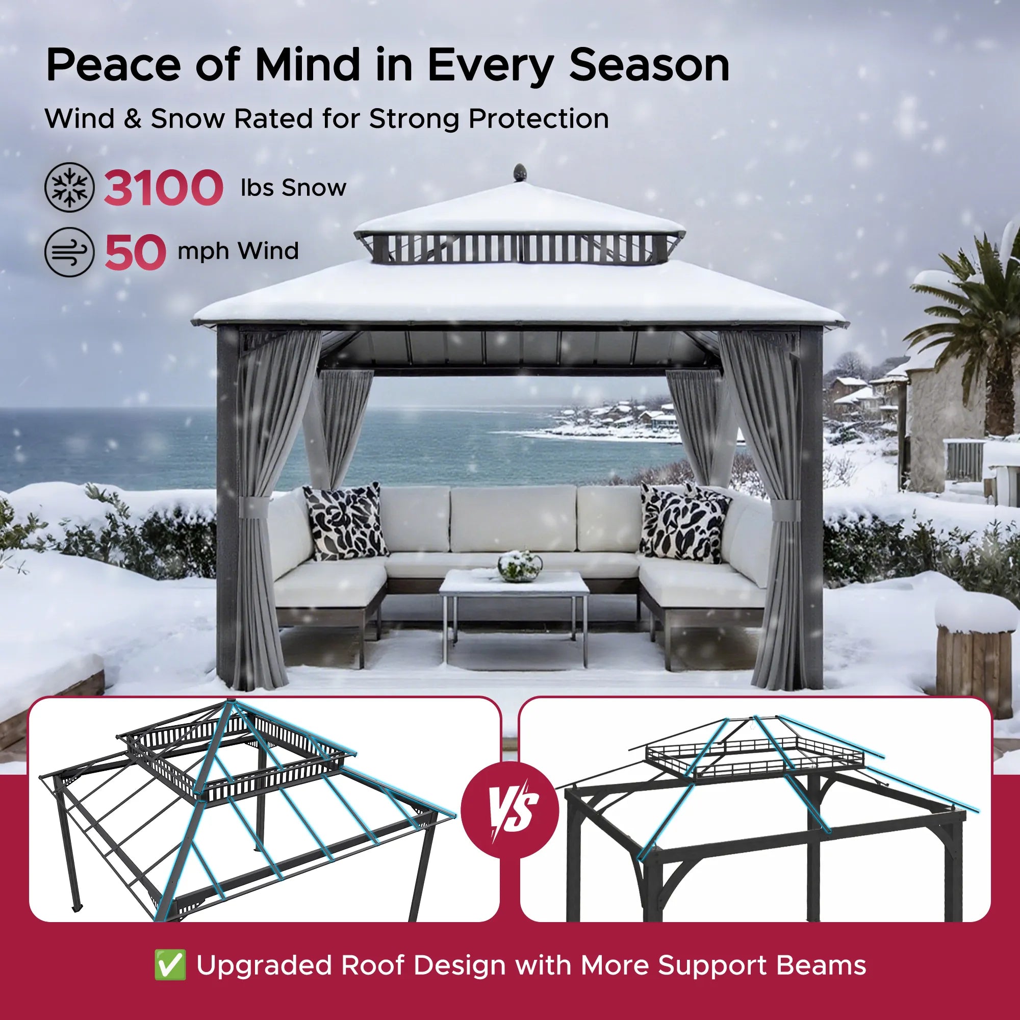 SUNJOY Kingston 12x12 Gazebo with Netting & Curtain | Steel Roof with Extra-Tall & Oversized PC Vent Top - Gray Aluminum Posts 