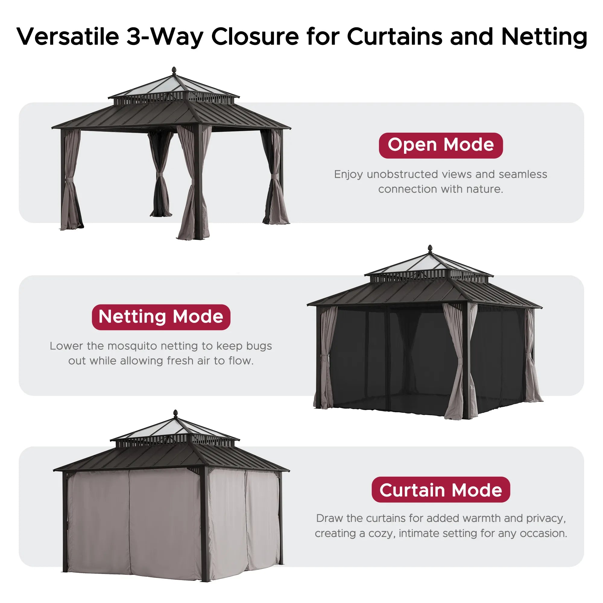 SUNJOY Kingston 12x12 Gazebo with Netting & Curtain | Steel Roof with Extra-Tall & Oversized PC Vent Top - Brown Aluminum Posts 