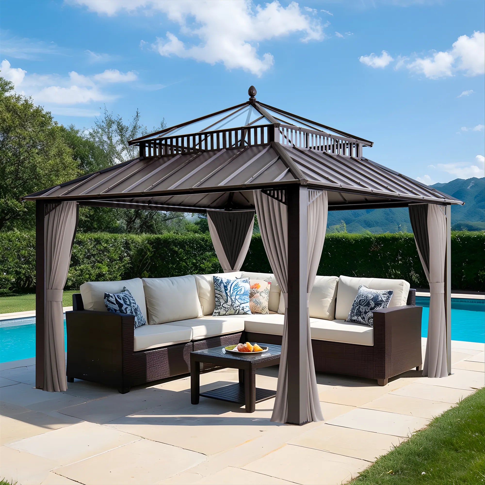 SUNJOY Kingston 12x12 Gazebo with Netting & Curtain | Steel Roof with Extra-Tall & Oversized PC Vent Top - Brown Aluminum Posts