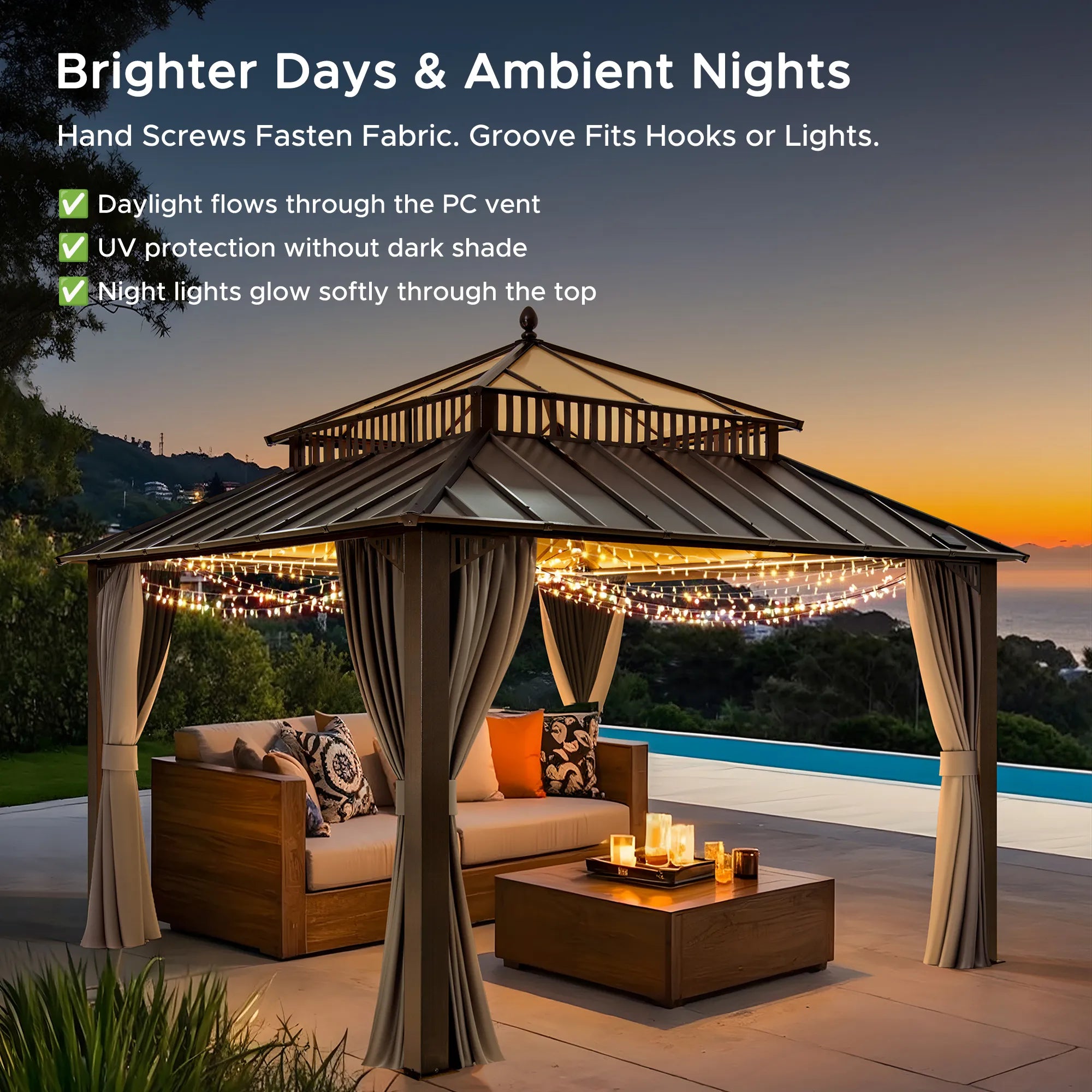 SUNJOY Kingston 12x12 Gazebo with Netting & Curtain | Steel Roof with Extra-Tall & Oversized PC Vent Top - Brown Aluminum Posts 