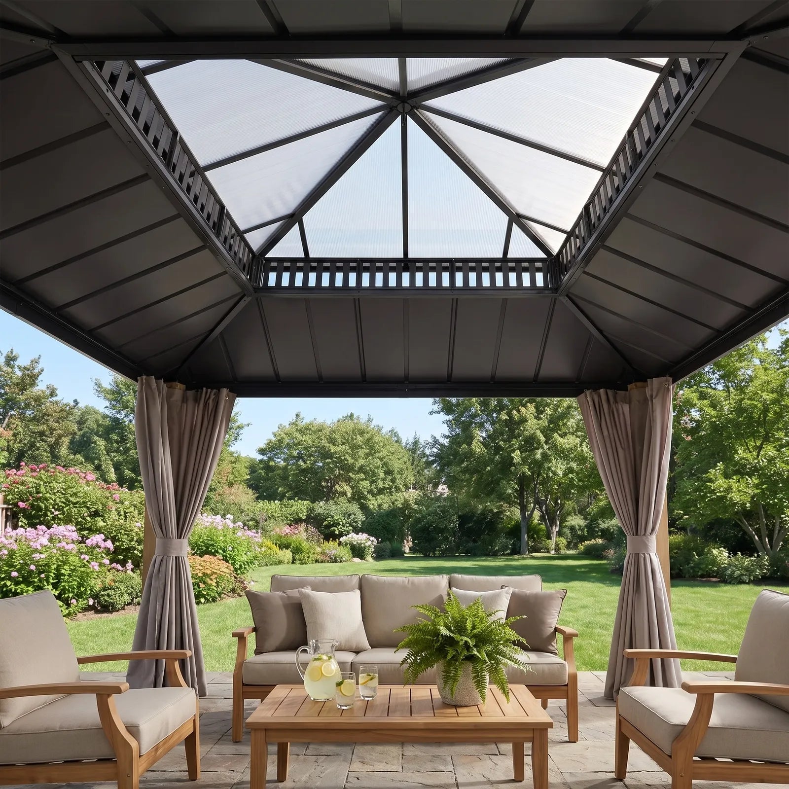 12x12 Woodgrain Gazebo with PC Roof, Netting & Curtains | SUNJOY