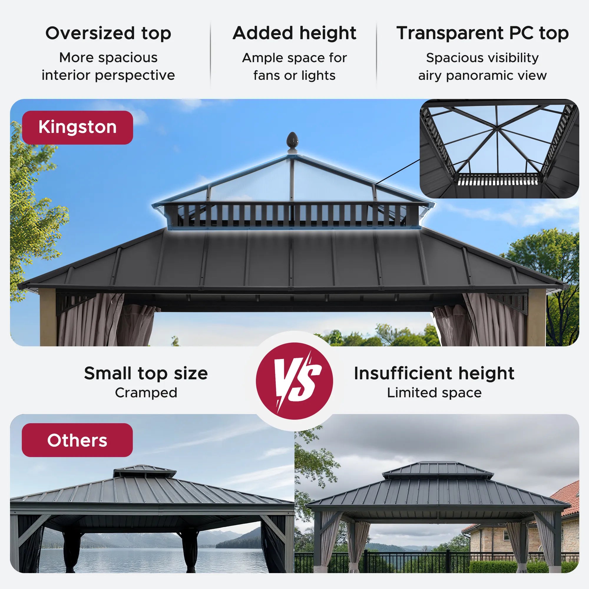 SUNJOY Kingston 12x12 Gazebo with Netting & Curtain | Steel Roof with Extra-Tall & Oversized PC Vent Top - Cedar Wood Posts 