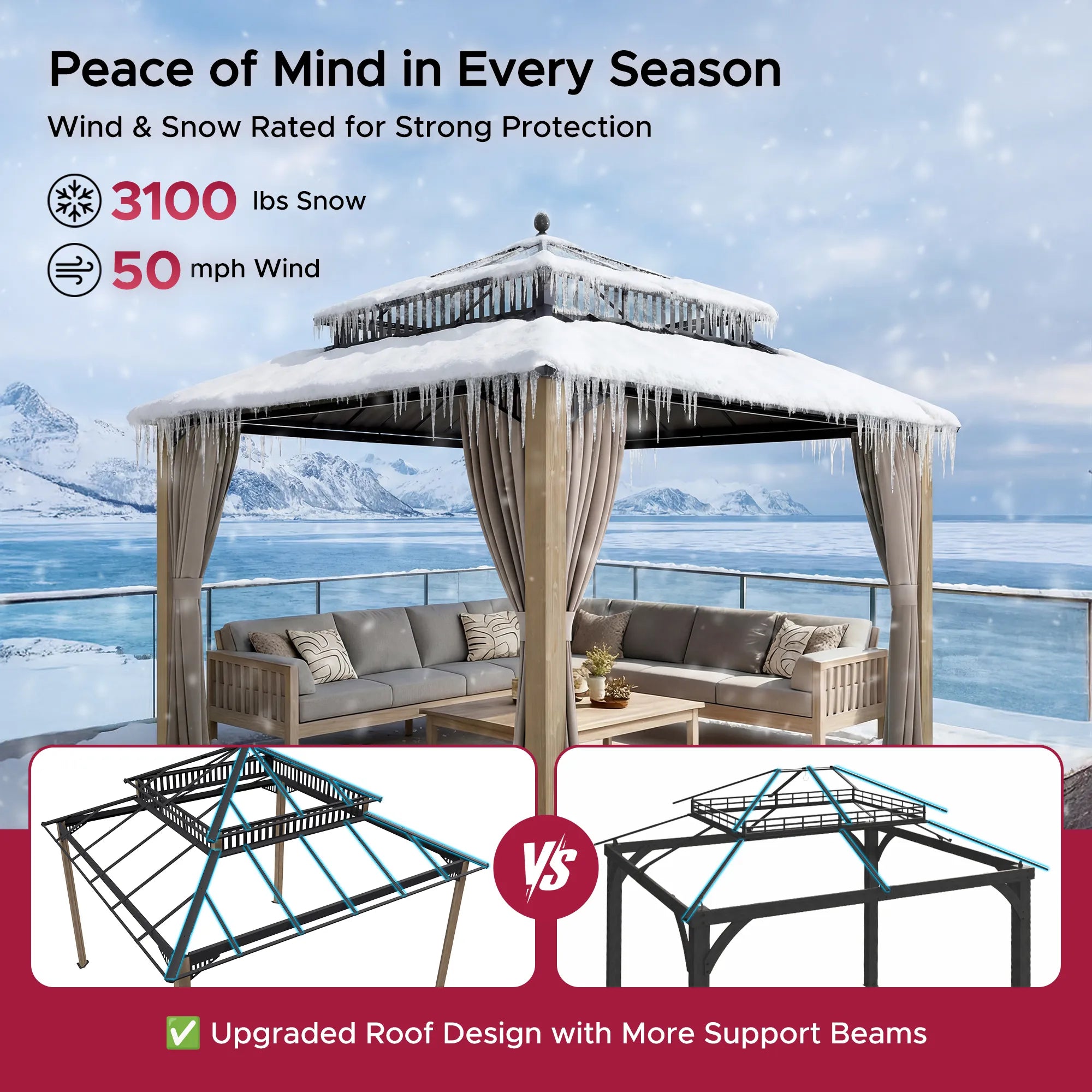 SUNJOY Kingston 12x12 Gazebo with Netting & Curtain | Steel Roof with Extra-Tall & Oversized PC Vent Top - Cedar Wood Posts 