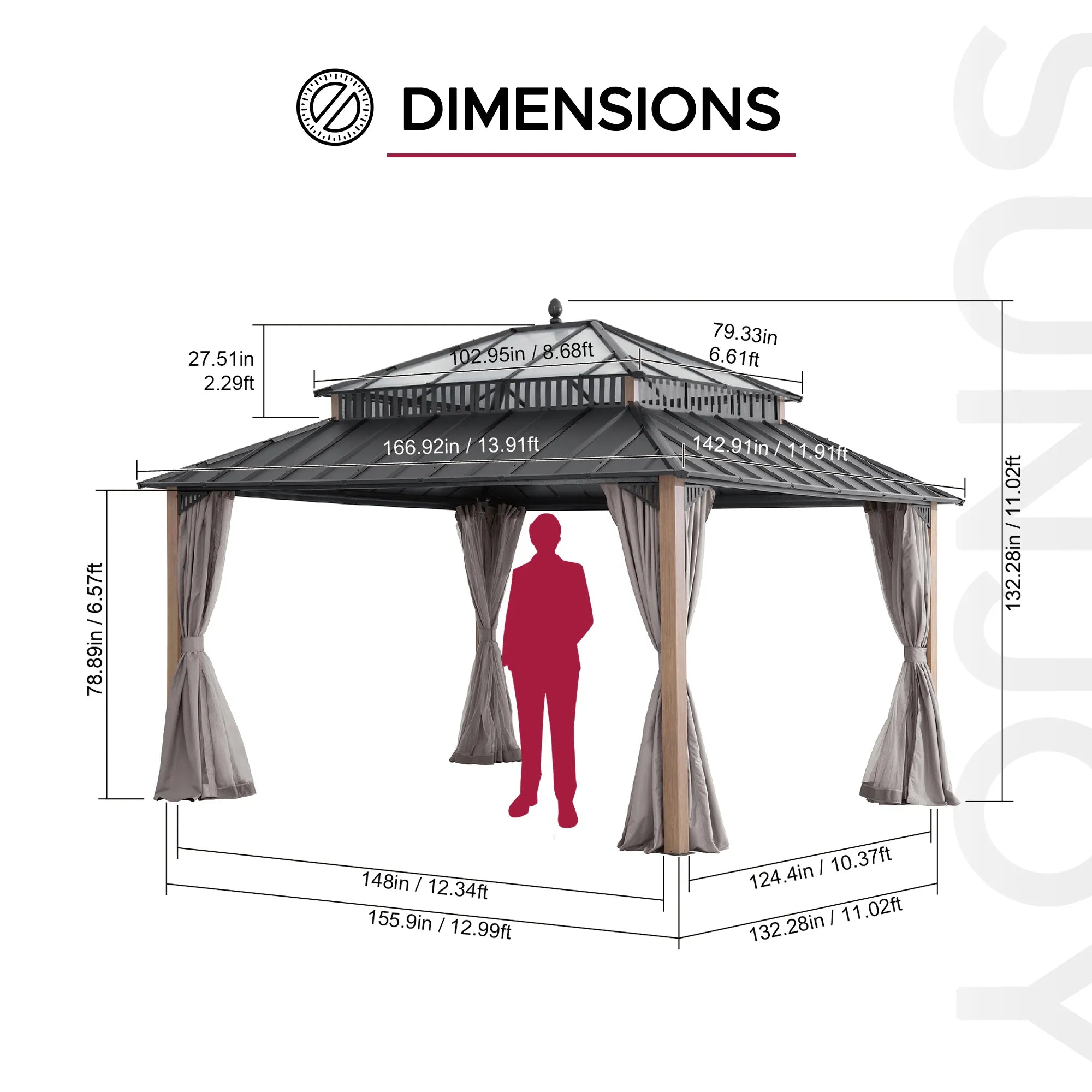 SUNJOY Kingston 12x14 Gazebo with Netting & Curtain | Steel Roof with Extra-Tall & Oversized PC Vent Top - Woodgrain Aluminum Posts 