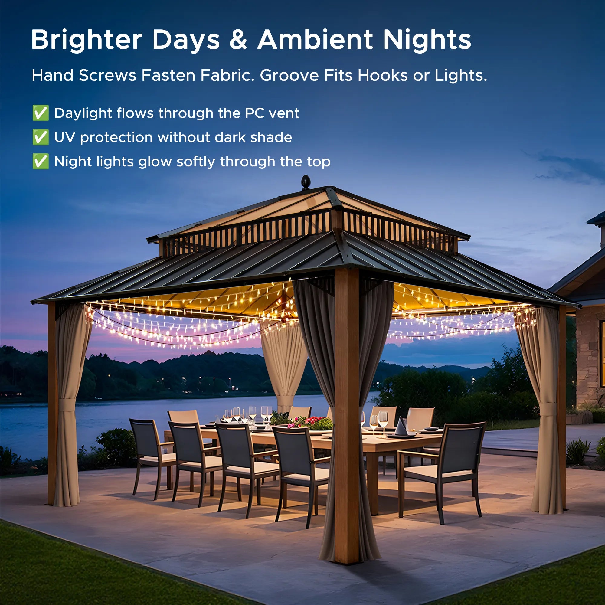 SUNJOY Kingston 12x14 Gazebo with Netting & Curtain | Steel Roof with Extra-Tall & Oversized PC Vent Top - Woodgrain Aluminum Posts 