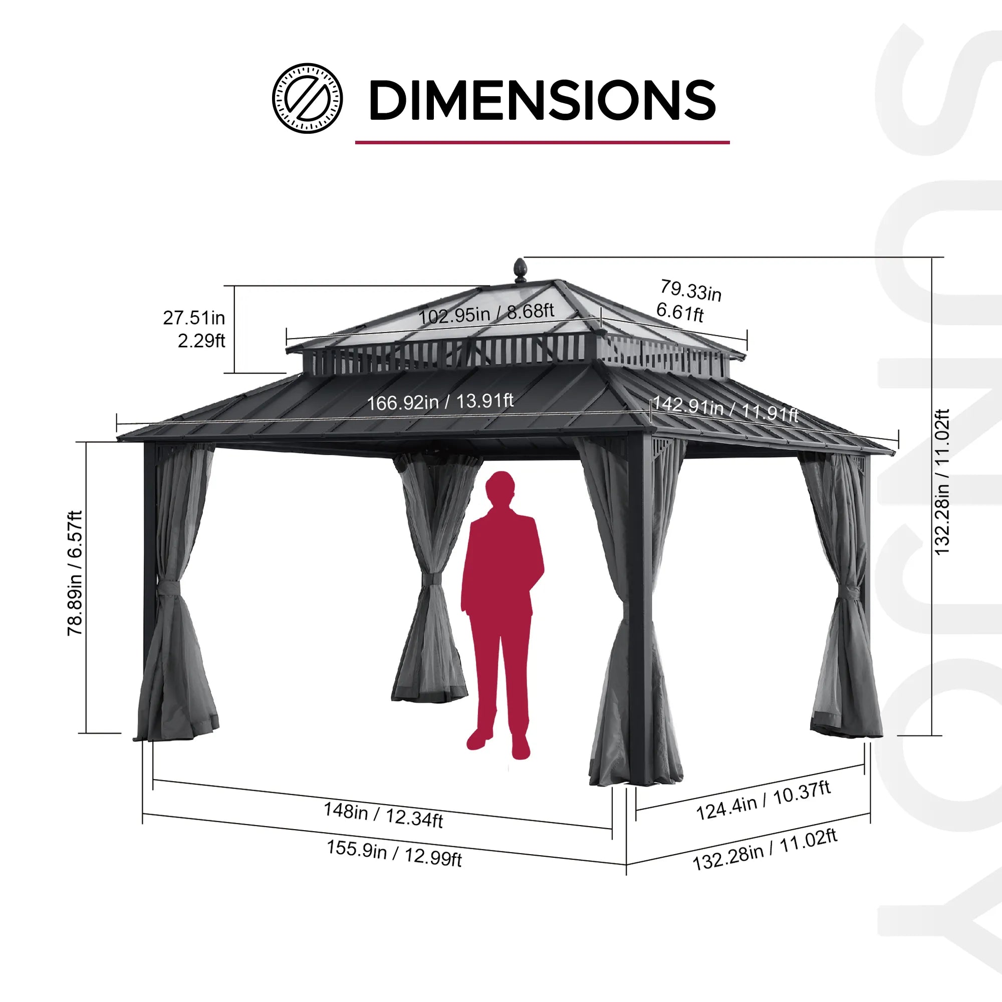 SUNJOY Kingston 12x14 Gazebo with Netting & Curtain | Steel Roof with Extra-Tall & Oversized PC Vent Top - Gray Aluminum Posts 